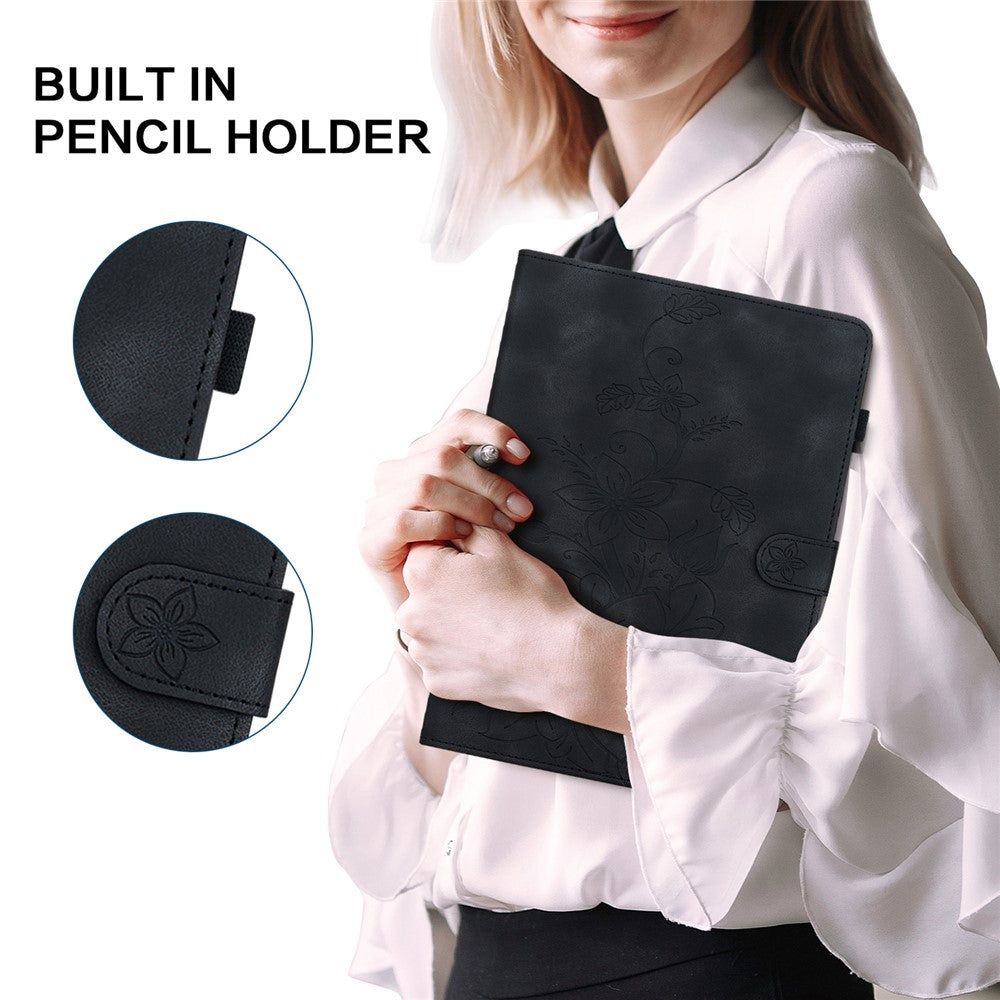 For Lenovo Tab P11 TB-J606F Leather Case Card Slots Lily Flower Pattern Tablet Cover - Black