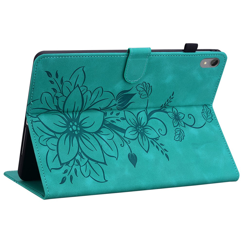 For Lenovo Tab P11 TB-J606F Leather Case Card Slots Lily Flower Pattern Tablet Cover - Green
