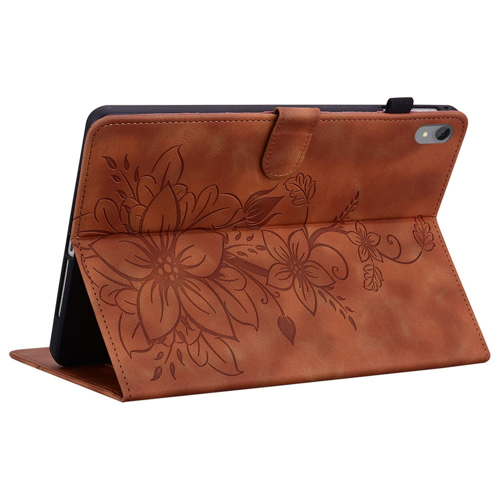 For Lenovo Tab P11 TB-J606F Leather Case Card Slots Lily Flower Pattern Tablet Cover - Brown