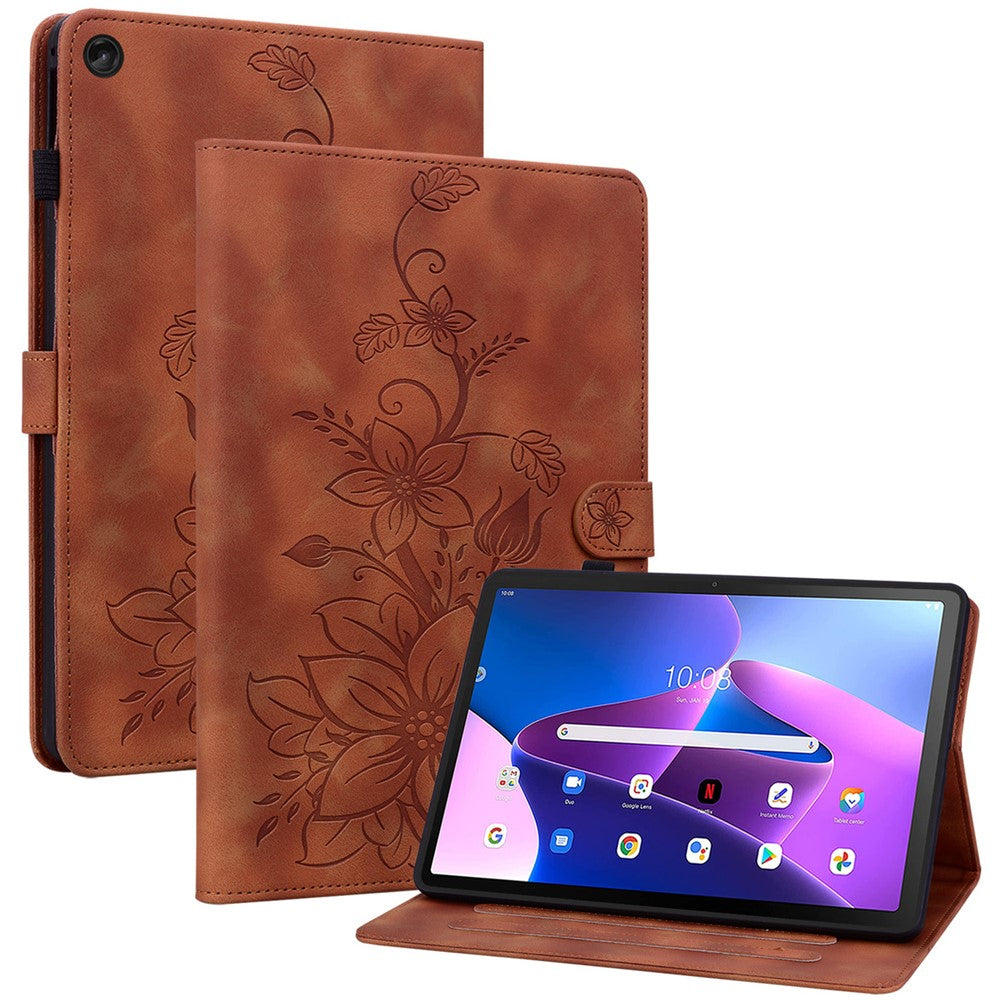 For Lenovo Tab M10 Plus (3rd Gen) Case Lily Flower Design PU Leather Folio Stand Cover - Brown