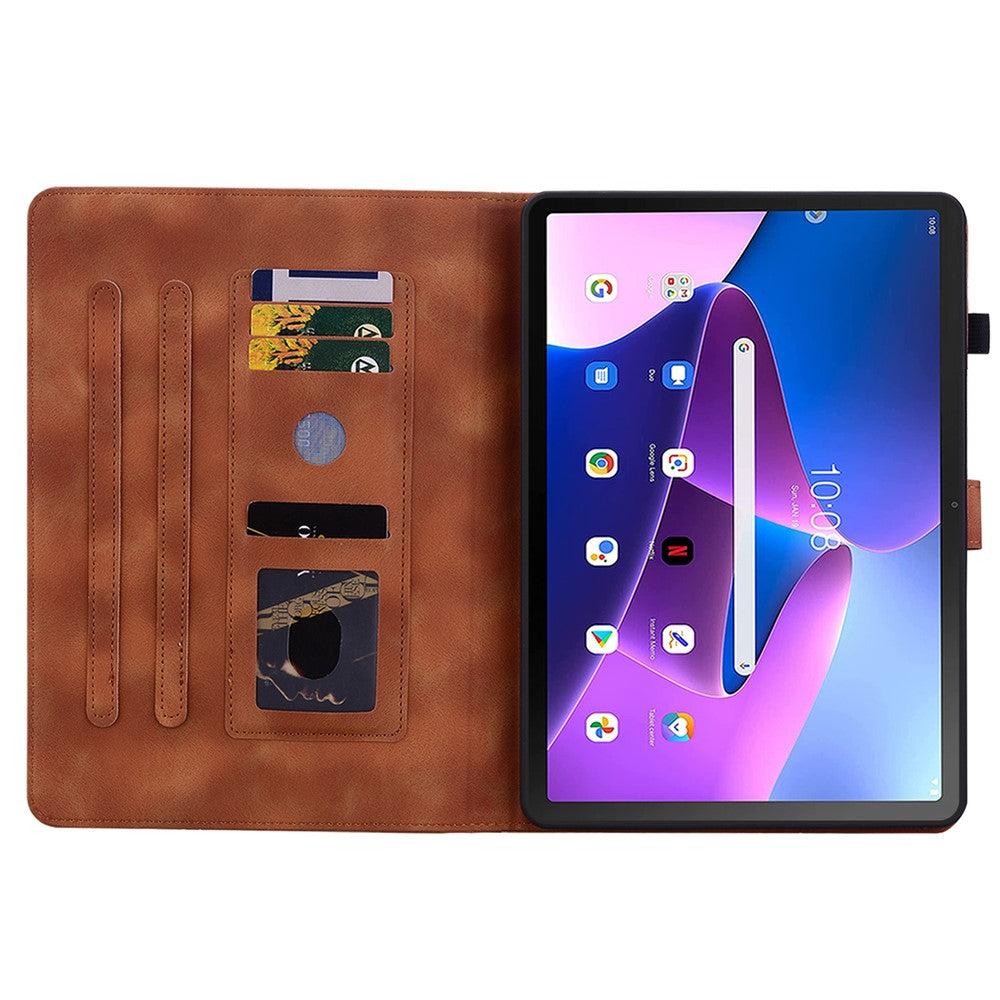 For Lenovo Tab M10 Plus (3rd Gen) Case Lily Flower Design PU Leather Folio Stand Cover - Brown