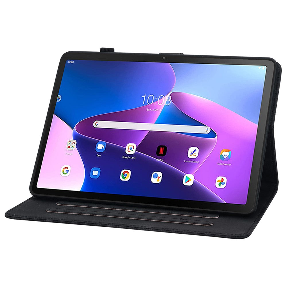 For Lenovo Tab M10 Plus (3rd Gen) Case Lily Flower Design PU Leather Folio Stand Cover - Black