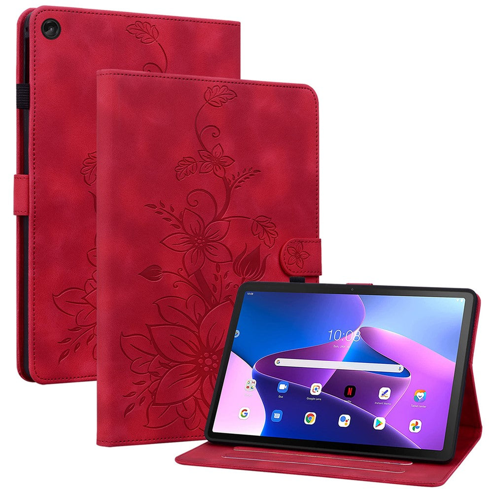 For Lenovo Tab M10 Plus (3rd Gen) Case Lily Flower Design PU Leather Folio Stand Cover - Red