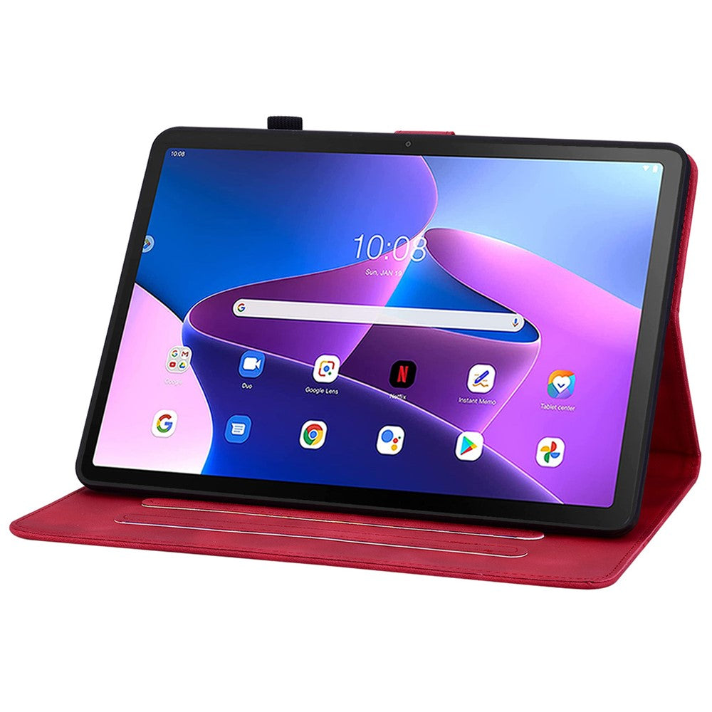 For Lenovo Tab M10 Plus (3rd Gen) Case Lily Flower Design PU Leather Folio Stand Cover - Red