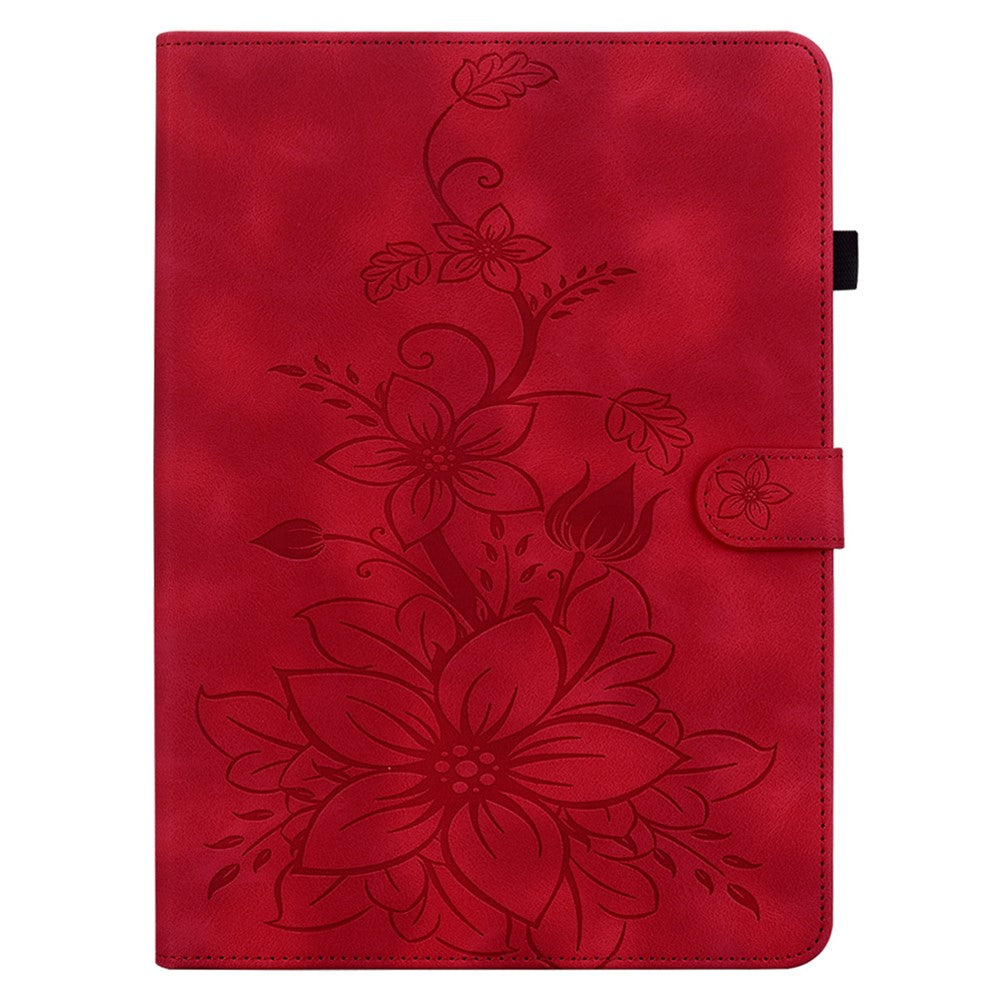 For Lenovo Tab M10 Plus (3rd Gen) Case Lily Flower Design PU Leather Folio Stand Cover - Red