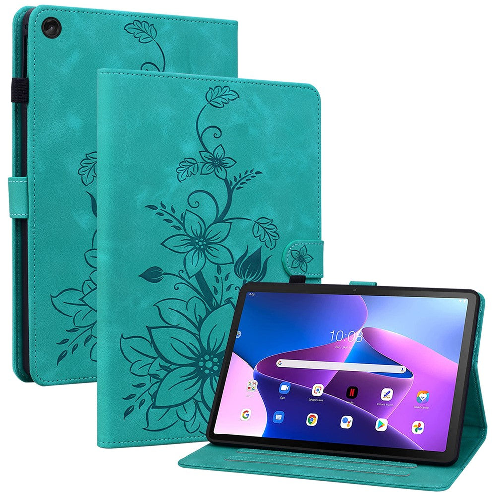 For Lenovo Tab M10 Plus (3rd Gen) Case Lily Flower Design PU Leather Folio Stand Cover - Green