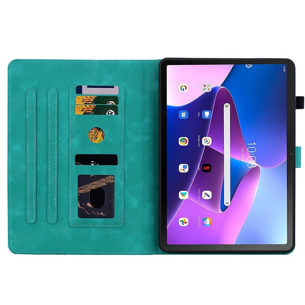 For Lenovo Tab M10 Plus (3rd Gen) Case Lily Flower Design PU Leather Folio Stand Cover - Green