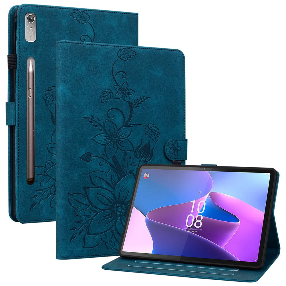 For Lenovo Tab P11 Pro / P11 Pro Gen 2 Case Lily Flower Imprinted Leather Tablet Flip Cover with Card Slot - Blue