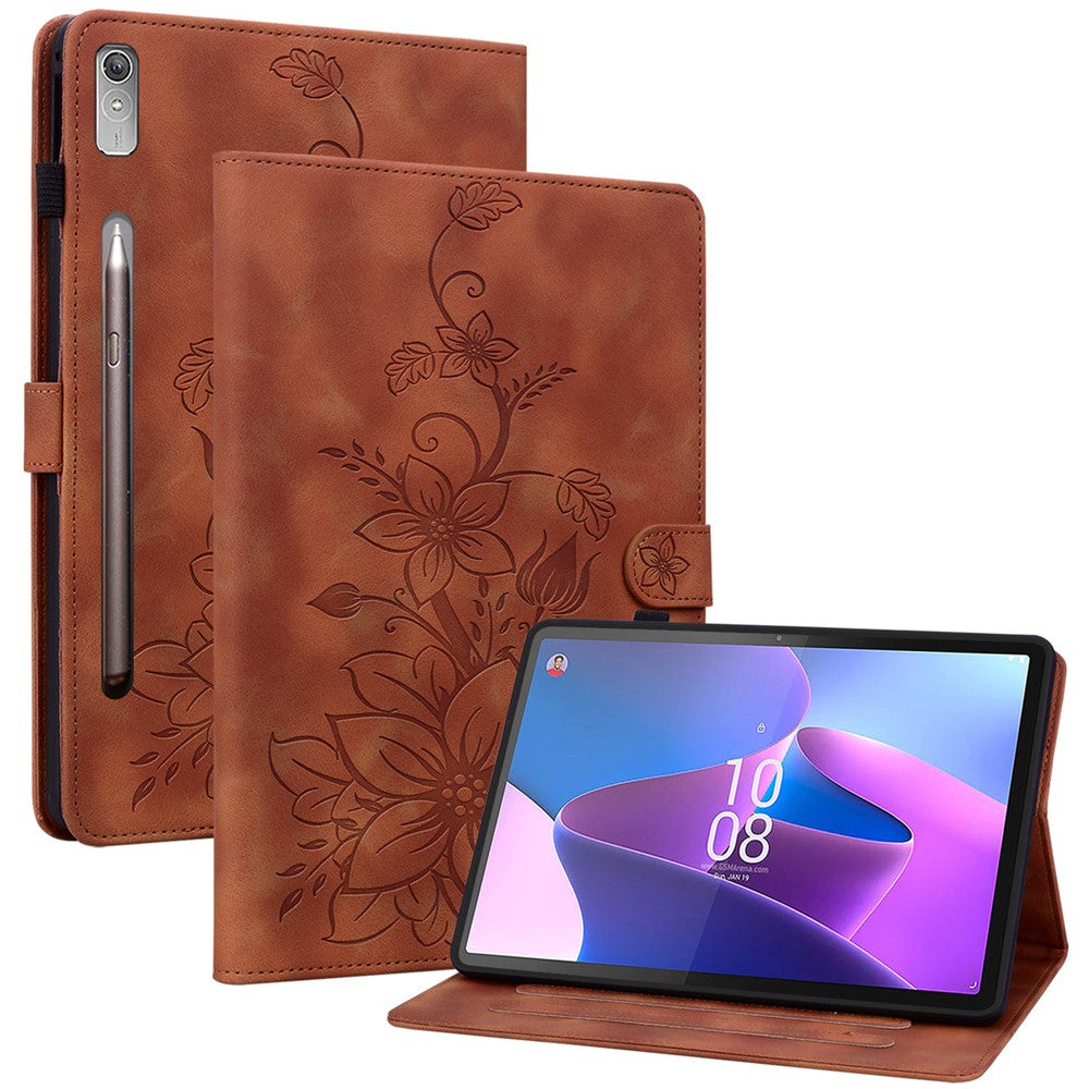 For Lenovo Tab P11 Pro / P11 Pro Gen 2 Case Lily Flower Imprinted Leather Tablet Flip Cover with Card Slot - Brown