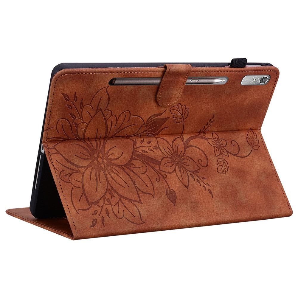 For Lenovo Tab P11 Pro / P11 Pro Gen 2 Case Lily Flower Imprinted Leather Tablet Flip Cover with Card Slot - Brown