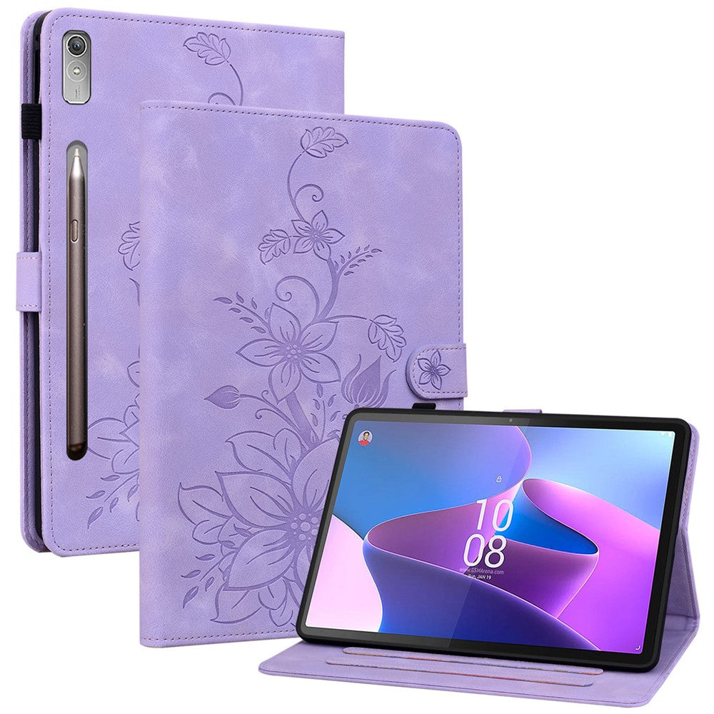 For Lenovo Tab P11 Pro / P11 Pro Gen 2 Case Lily Flower Imprinted Leather Tablet Flip Cover with Card Slot - Purple