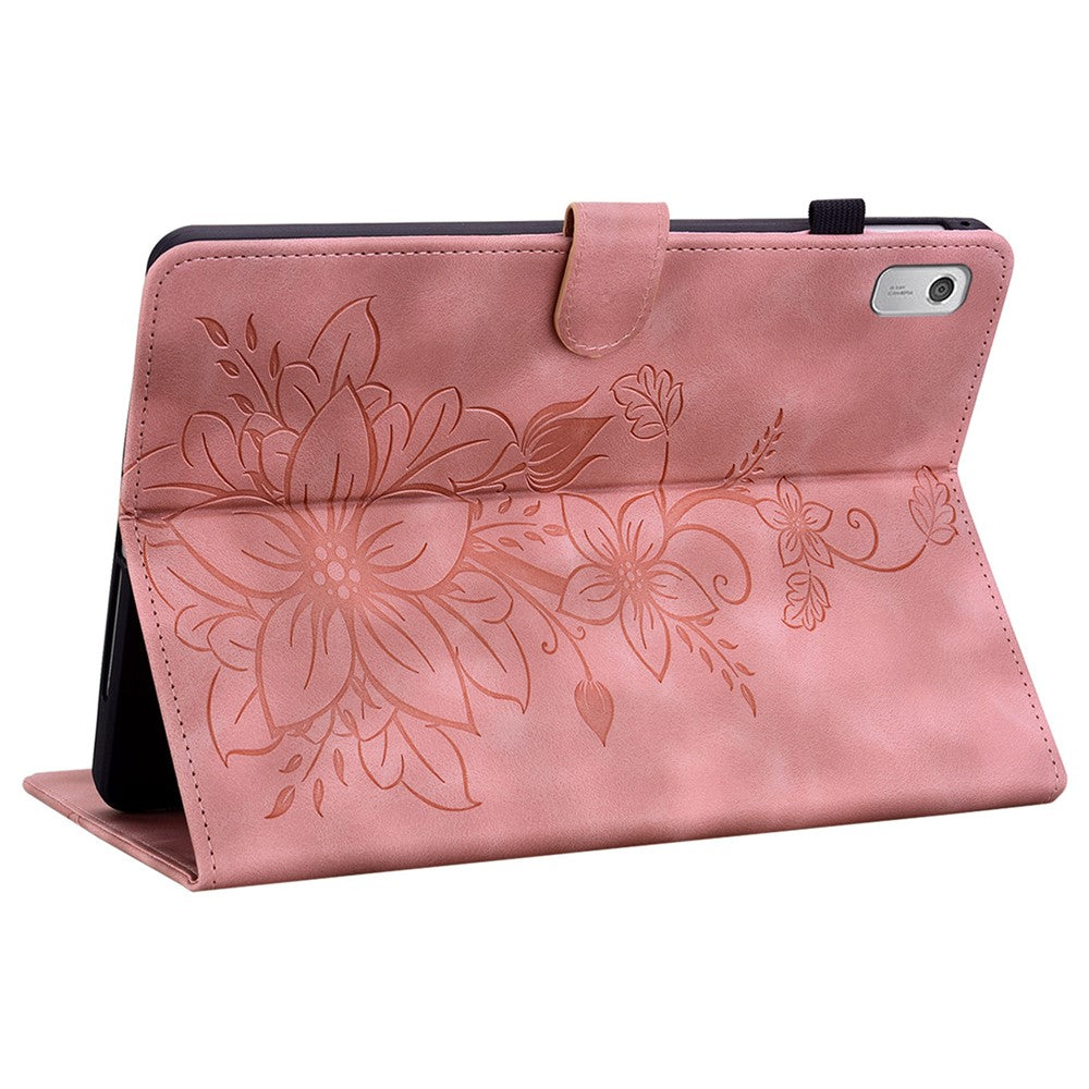 For Lenovo Tab M9 Case Imprinted Lily Flower PU Leather Card Slots Tablet Cover - Pink