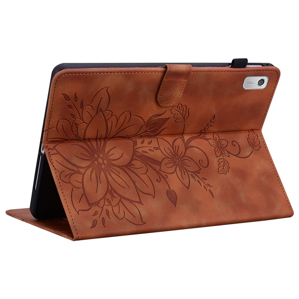 For Lenovo Tab M9 Case Imprinted Lily Flower PU Leather Card Slots Tablet Cover - Brown