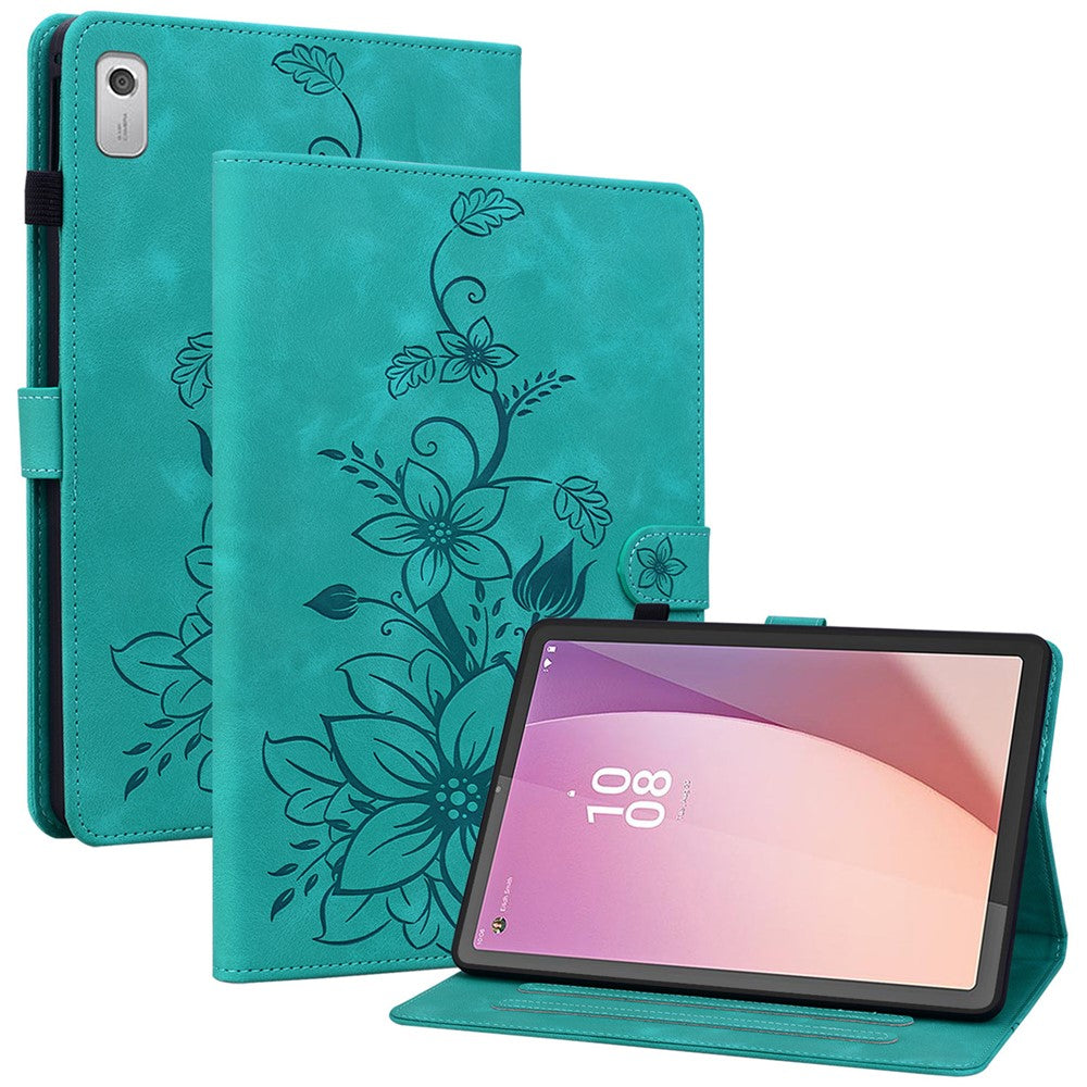 For Lenovo Tab M9 Case Imprinted Lily Flower PU Leather Card Slots Tablet Cover - Green