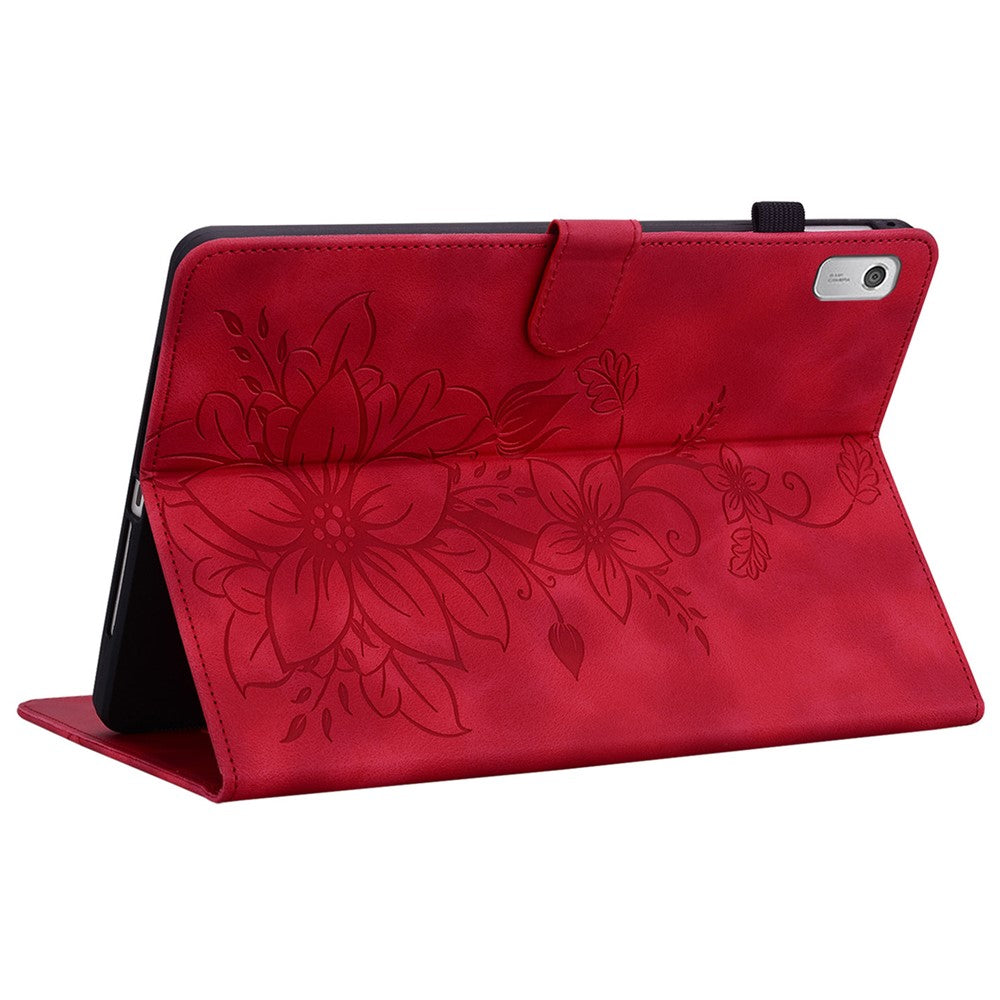 For Lenovo Tab M9 Case Imprinted Lily Flower PU Leather Card Slots Tablet Cover - Red