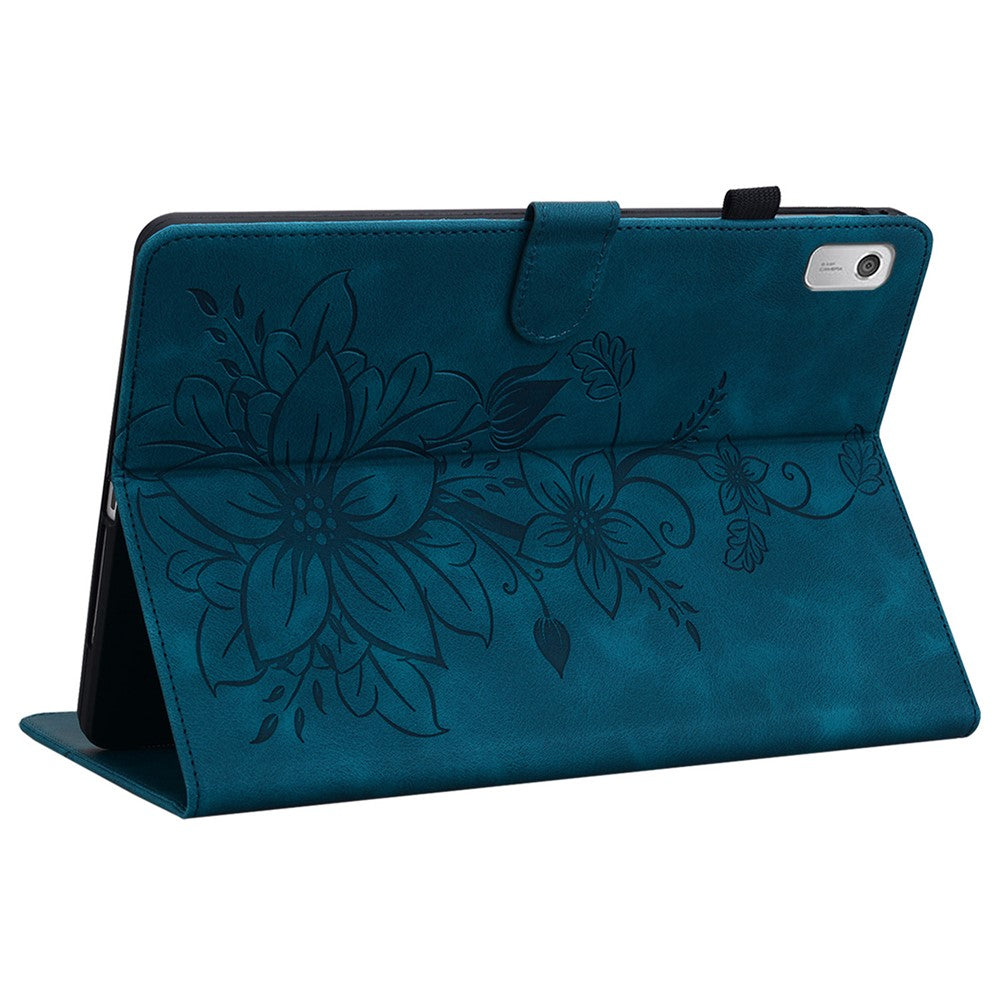 For Lenovo Tab M9 Case Imprinted Lily Flower PU Leather Card Slots Tablet Cover - Blue