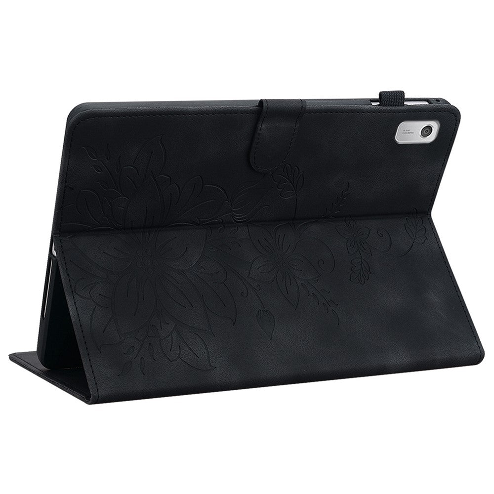 For Lenovo Tab M9 Case Imprinted Lily Flower PU Leather Card Slots Tablet Cover - Black