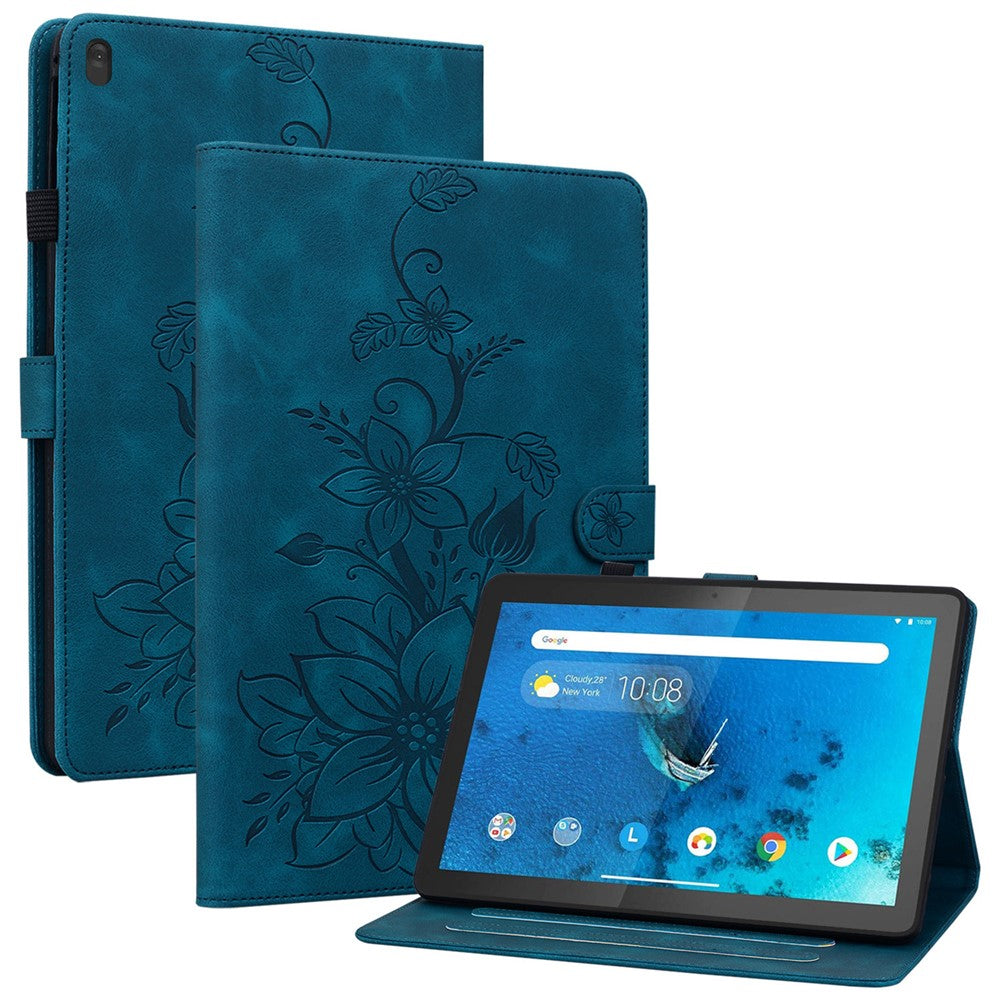 For Lenovo Tab M10 TB-X605F Tablet Case Leather Lily Flower Imprint Cover with Card Slots - Blue