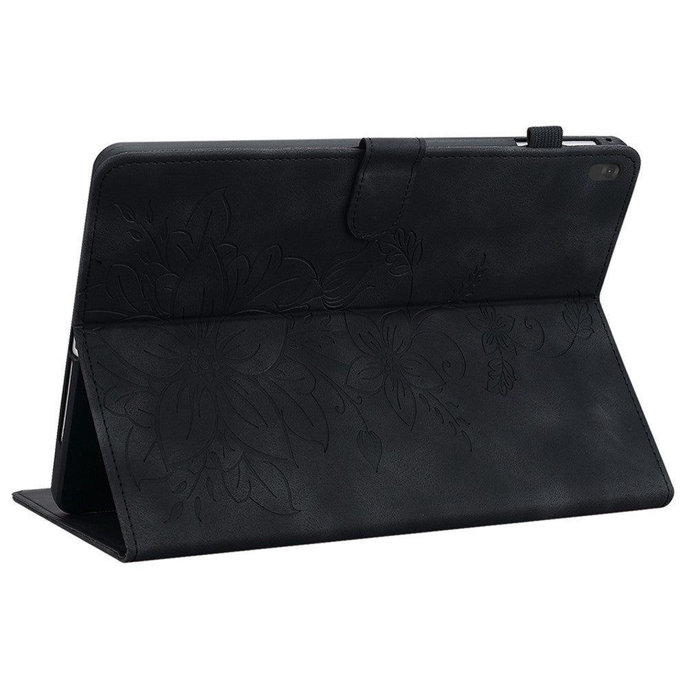 For Lenovo Tab M10 TB-X605F Tablet Case Leather Lily Flower Imprint Cover with Card Slots - Black