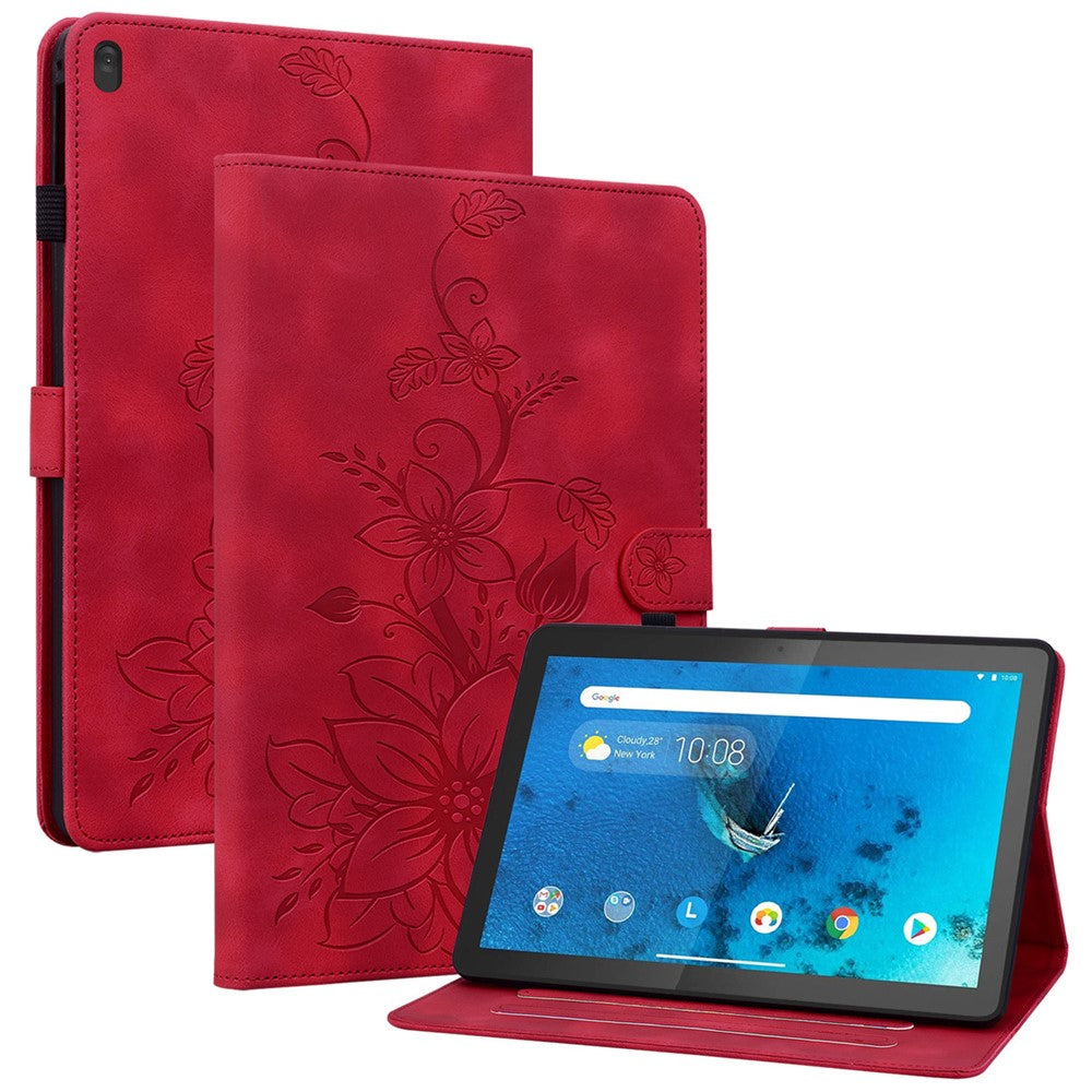For Lenovo Tab M10 TB-X605F Tablet Case Leather Lily Flower Imprint Cover with Card Slots - Red