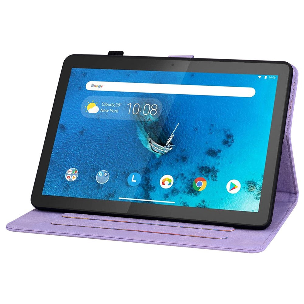 For Lenovo Tab M10 TB-X605F Tablet Case Leather Lily Flower Imprint Cover with Card Slots - Purple