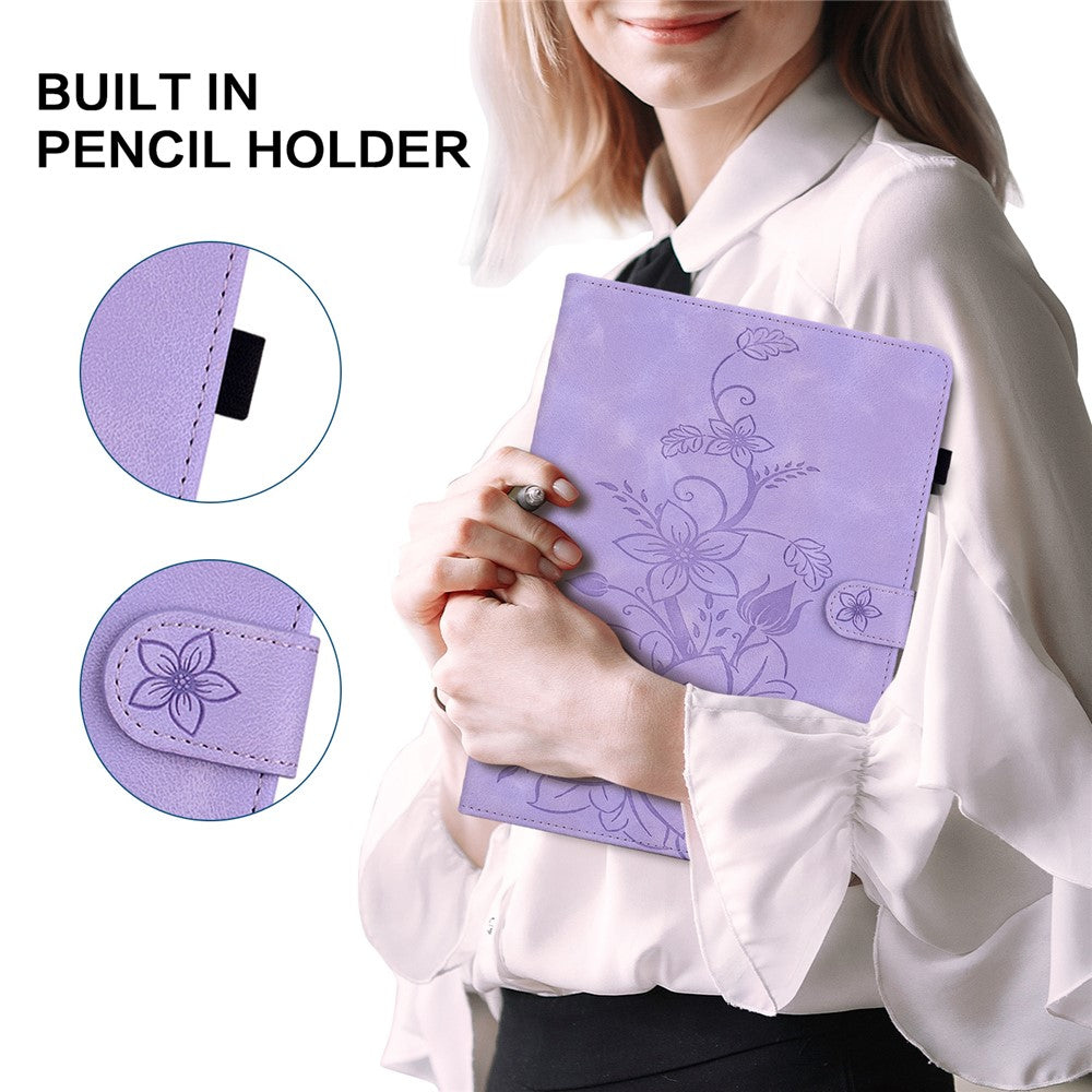 For Lenovo Tab M10 TB-X605F Tablet Case Leather Lily Flower Imprint Cover with Card Slots - Purple