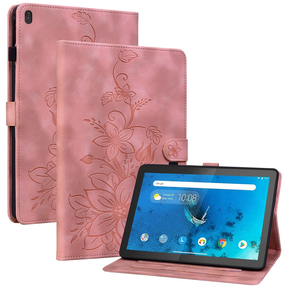 For Lenovo Tab M10 TB-X605F Tablet Case Leather Lily Flower Imprint Cover with Card Slots - Pink