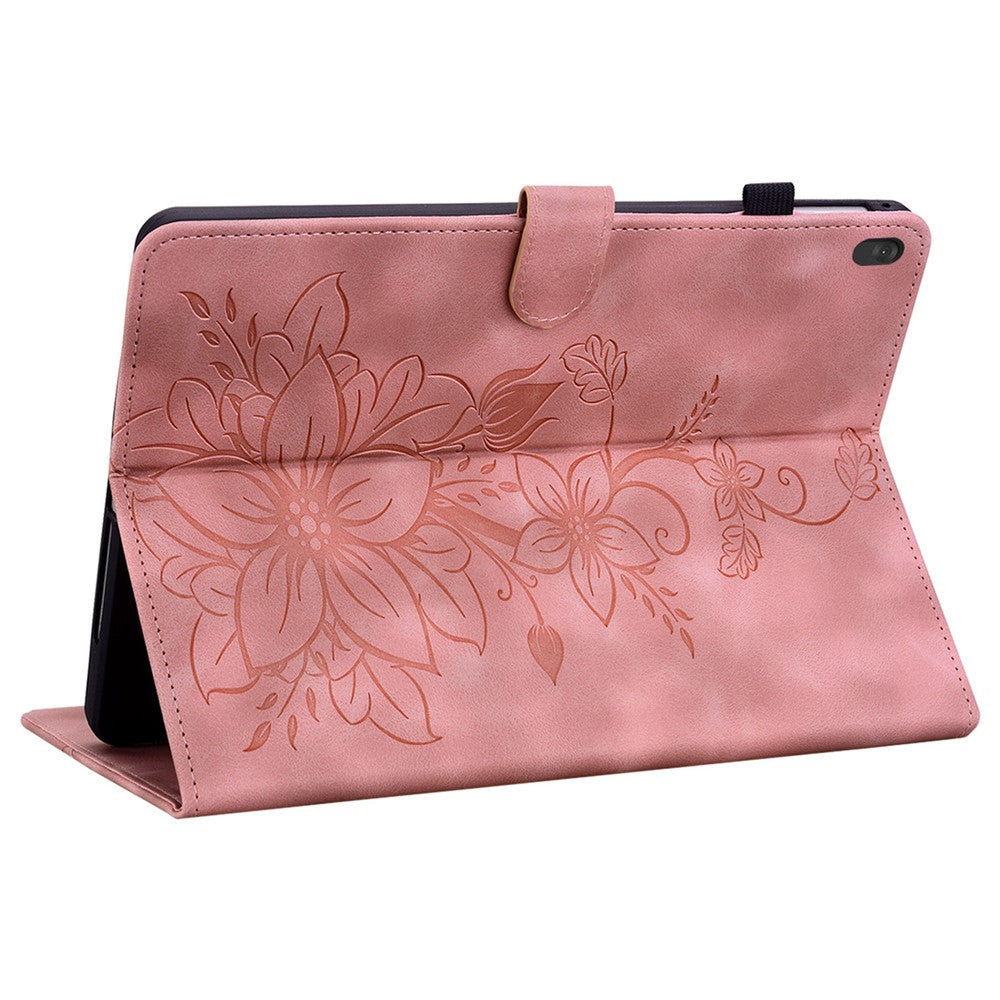 For Lenovo Tab M10 TB-X605F Tablet Case Leather Lily Flower Imprint Cover with Card Slots - Pink