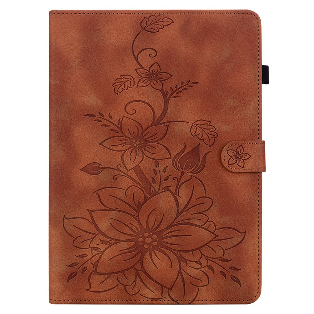 For Lenovo Tab M10 TB-X605F Tablet Case Leather Lily Flower Imprint Cover with Card Slots - Brown