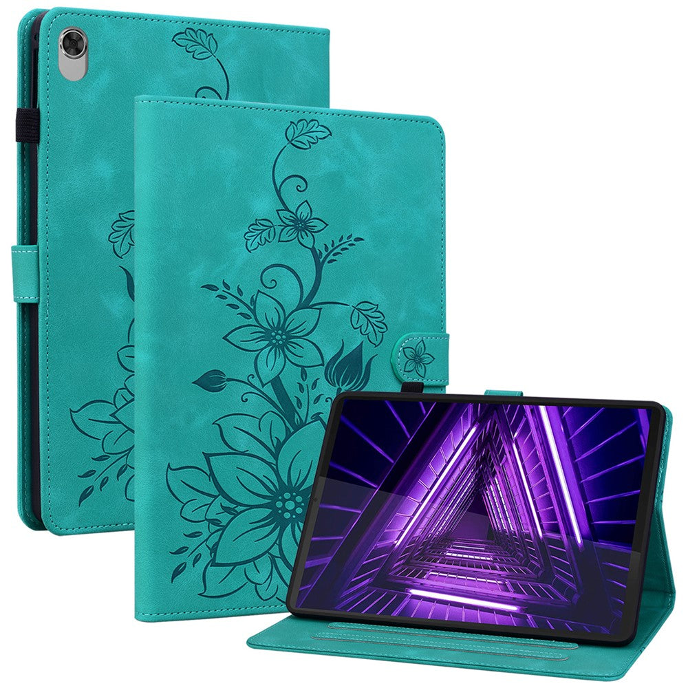 For Lenovo Tab M10 Plus TB-X606F / TB-X606X Case PU Leather Lily Flower Pattern Stand Tablet Cover - Green