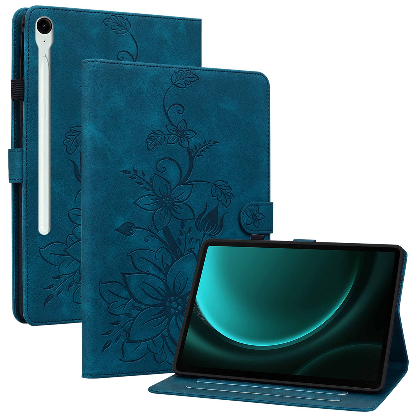 For Samsung Galaxy Tab S9 FE Leather Case Lily Flower Pattern Stand Protective Tablet Cover - Blue