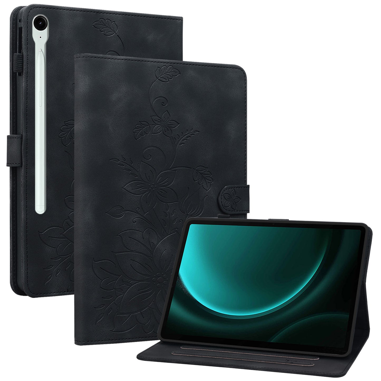 For Samsung Galaxy Tab S9 FE Leather Case Lily Flower Pattern Stand Protective Tablet Cover - Black