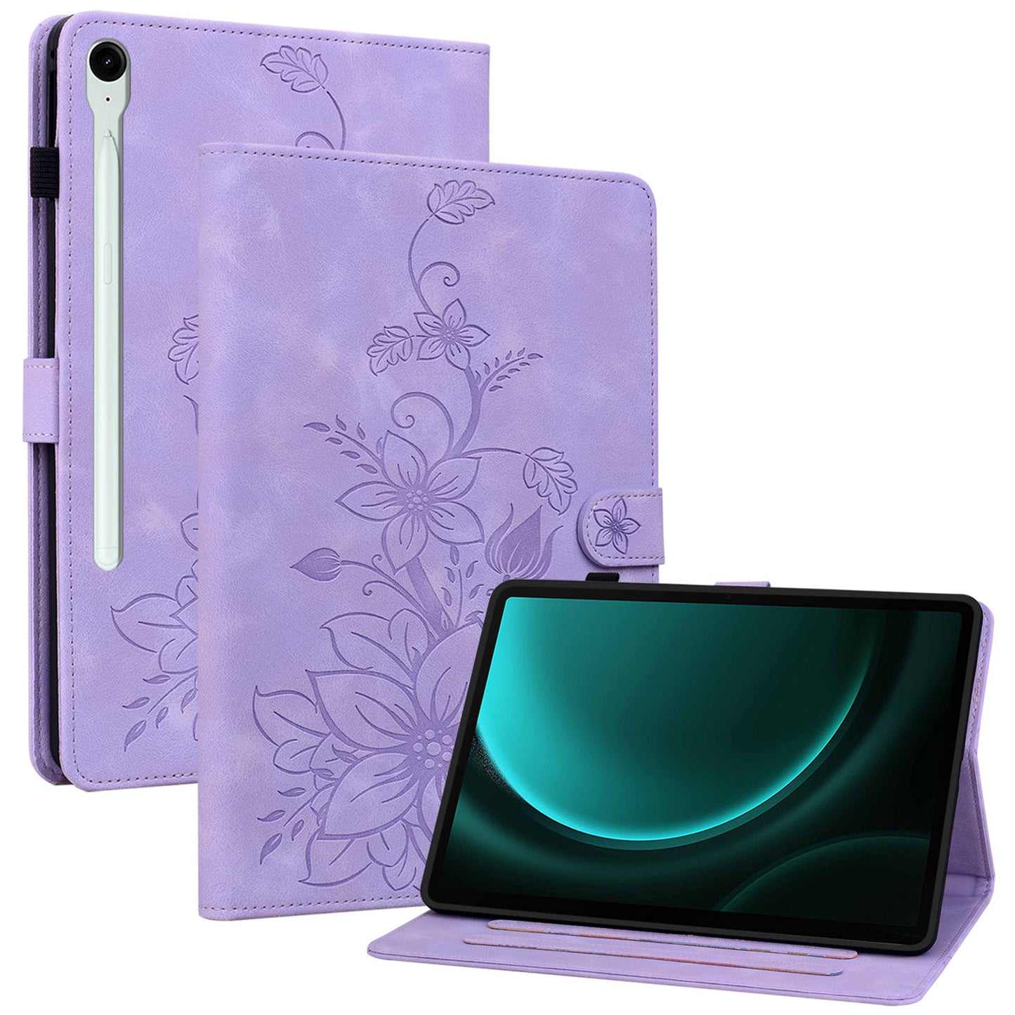 For Samsung Galaxy Tab S9 FE Leather Case Lily Flower Pattern Stand Protective Tablet Cover - Purple
