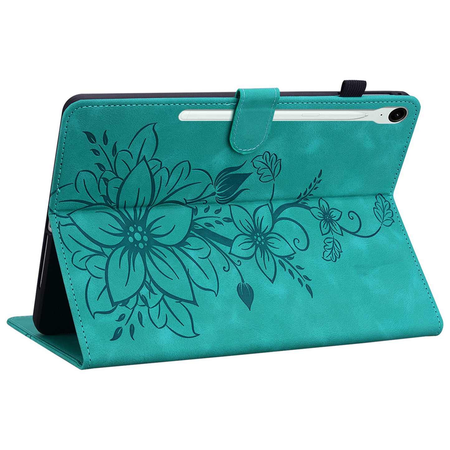 For Samsung Galaxy Tab S9 FE Leather Case Lily Flower Pattern Stand Protective Tablet Cover - Green