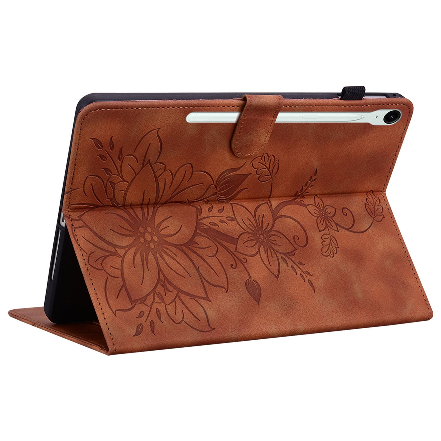 For Samsung Galaxy Tab S9 FE Leather Case Lily Flower Pattern Stand Protective Tablet Cover - Brown