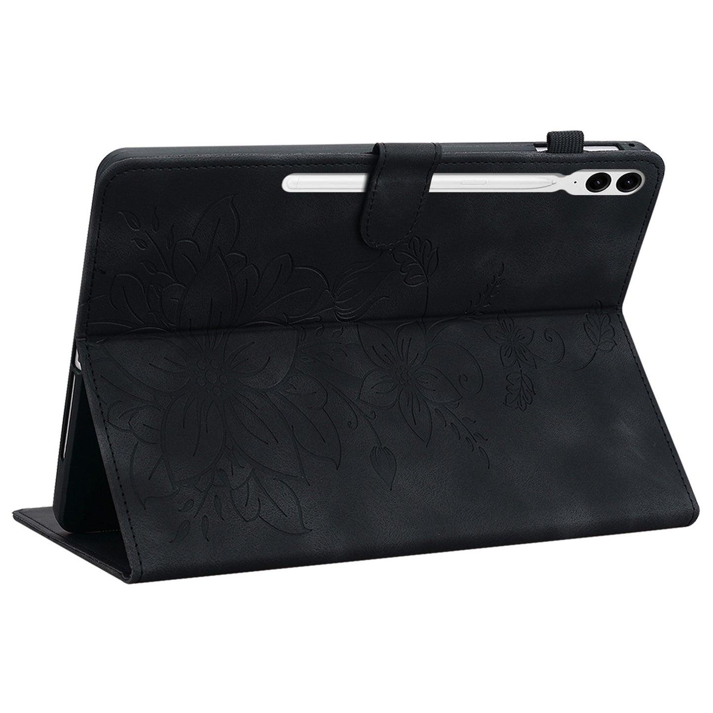 For Samsung Galaxy Tab S10+ / S9+ / S9 FE+ Card Slots Case Lily Flower Imprint PU Leather Tablet Cover - Black