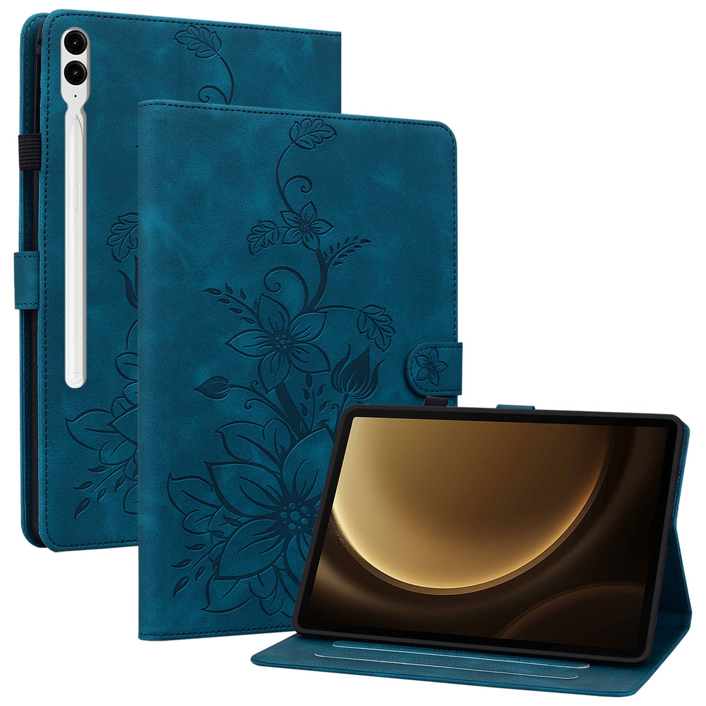 For Samsung Galaxy Tab S10+ / S9+ / S9 FE+ Card Slots Case Lily Flower Imprint PU Leather Tablet Cover - Blue