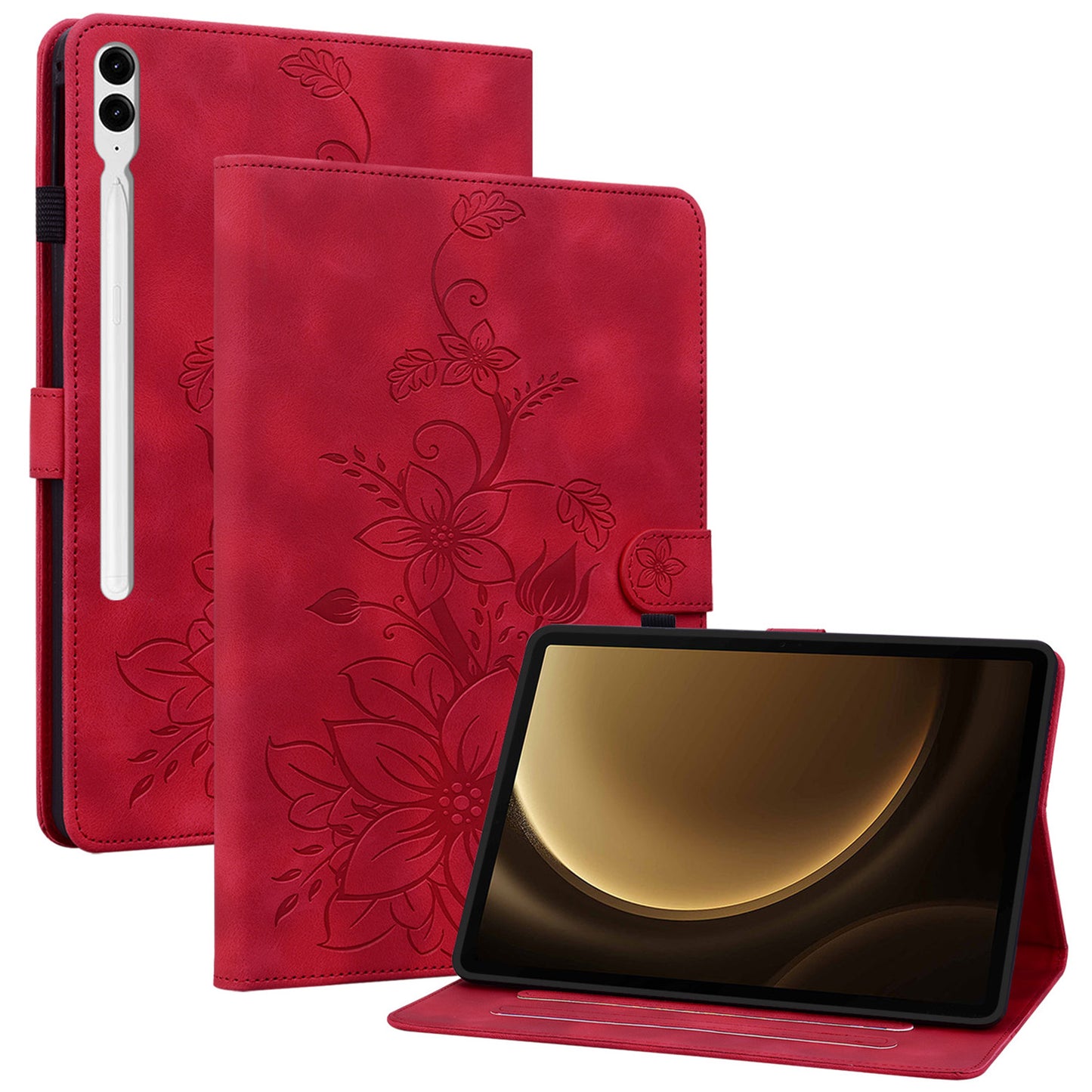 For Samsung Galaxy Tab S10+ / S9+ / S9 FE+ Card Slots Case Lily Flower Imprint PU Leather Tablet Cover - Red