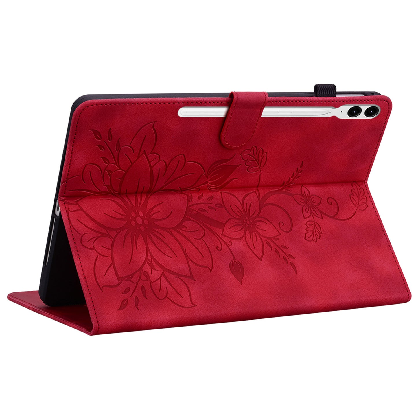 For Samsung Galaxy Tab S10+ / S9+ / S9 FE+ Card Slots Case Lily Flower Imprint PU Leather Tablet Cover - Red