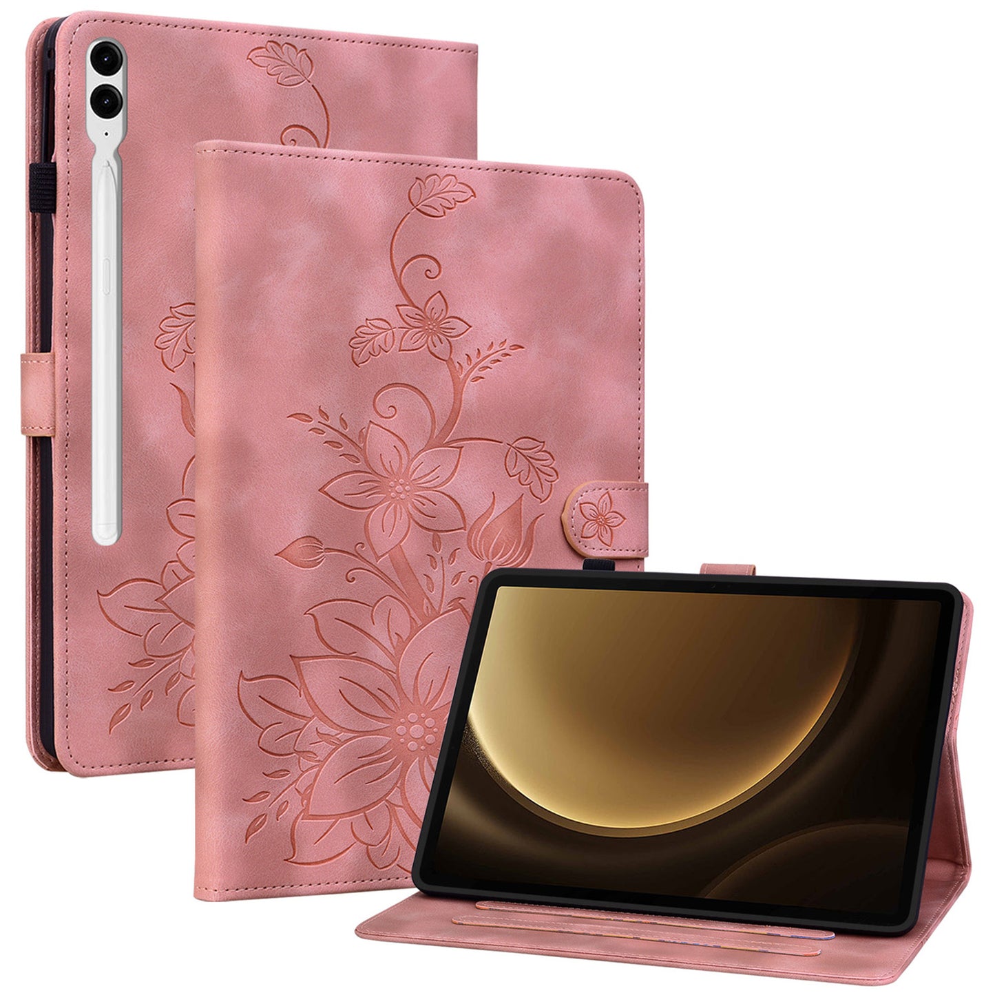 For Samsung Galaxy Tab S10+ / S9+ / S9 FE+ Card Slots Case Lily Flower Imprint PU Leather Tablet Cover - Pink