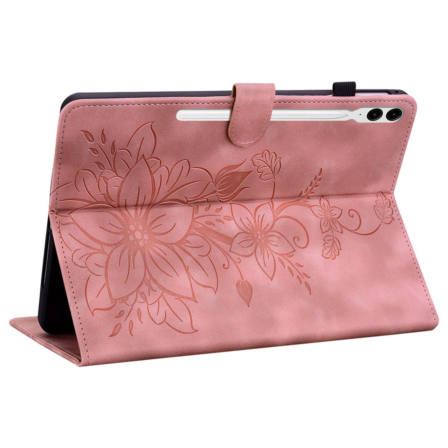 For Samsung Galaxy Tab S10+ / S9+ / S9 FE+ Card Slots Case Lily Flower Imprint PU Leather Tablet Cover - Pink