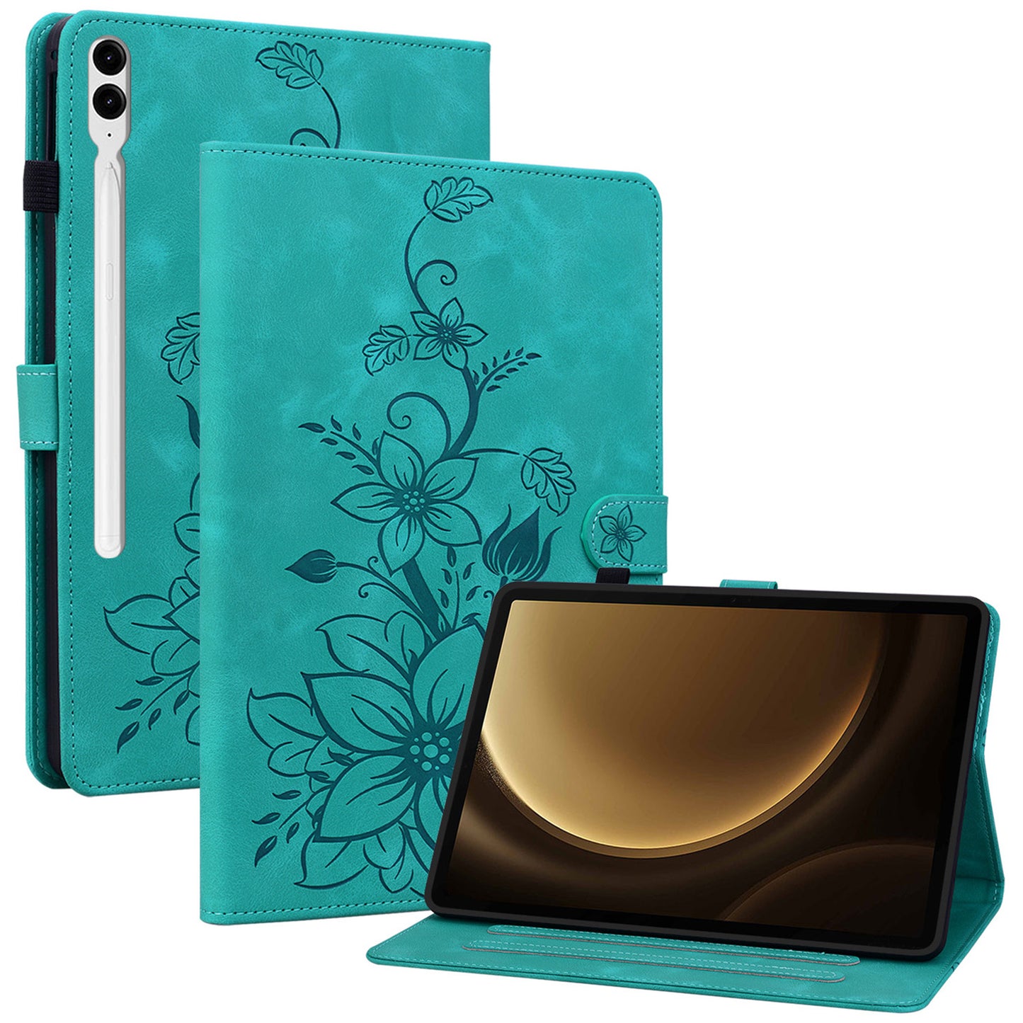 For Samsung Galaxy Tab S10+ / S9+ / S9 FE+ Card Slots Case Lily Flower Imprint PU Leather Tablet Cover - Green
