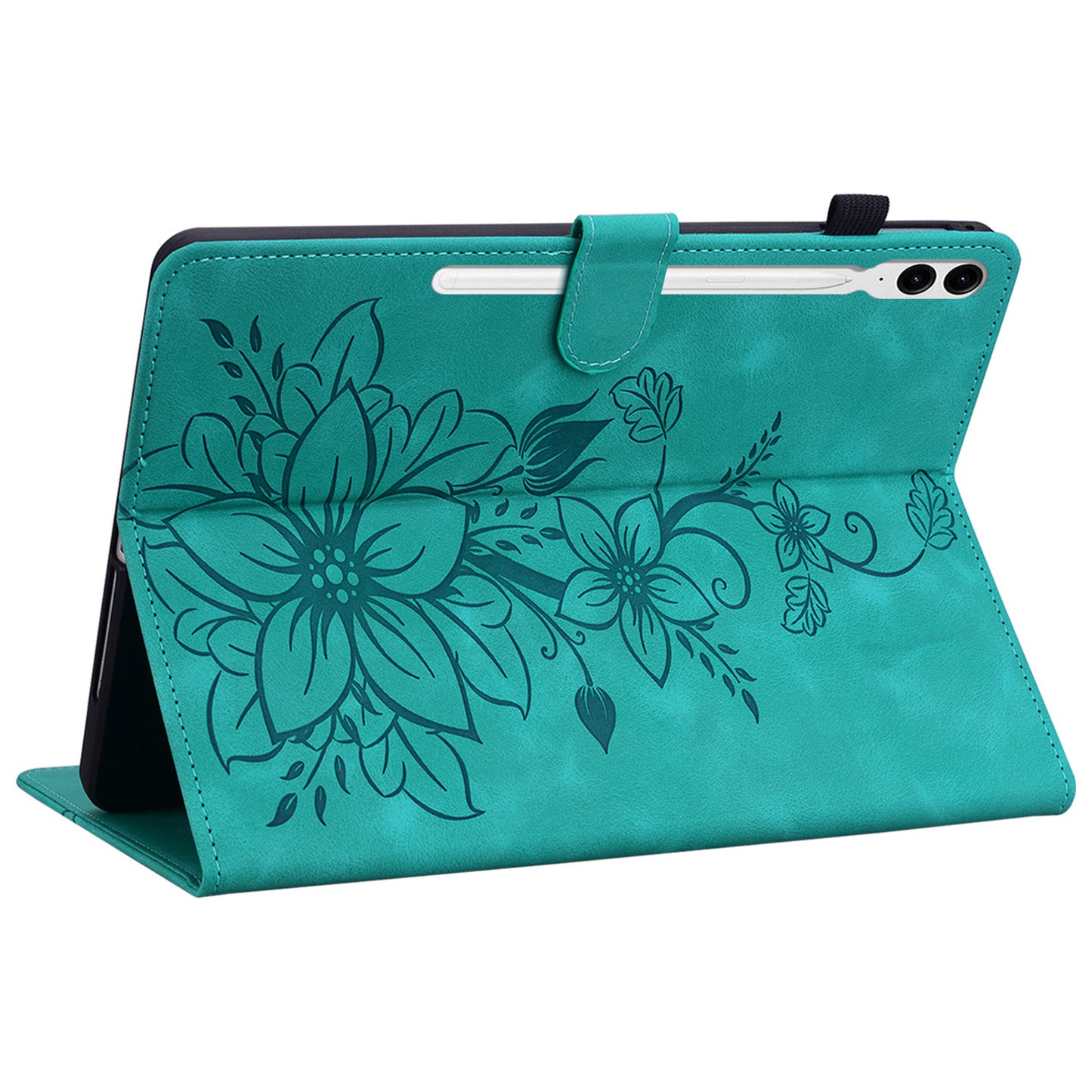 For Samsung Galaxy Tab S10+ / S9+ / S9 FE+ Card Slots Case Lily Flower Imprint PU Leather Tablet Cover - Green