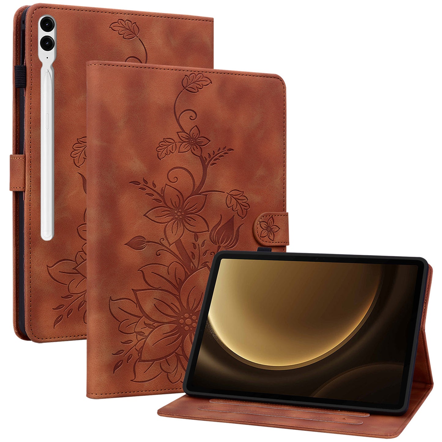 For Samsung Galaxy Tab S10+ / S9+ / S9 FE+ Card Slots Case Lily Flower Imprint PU Leather Tablet Cover - Brown