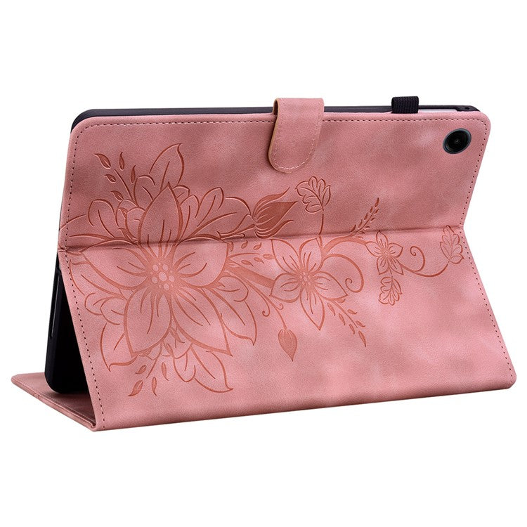 For Samsung Galaxy Tab A9 Protective Case Lily Flower Imprint PU Leather Tablet Case with Card Slots - Pink