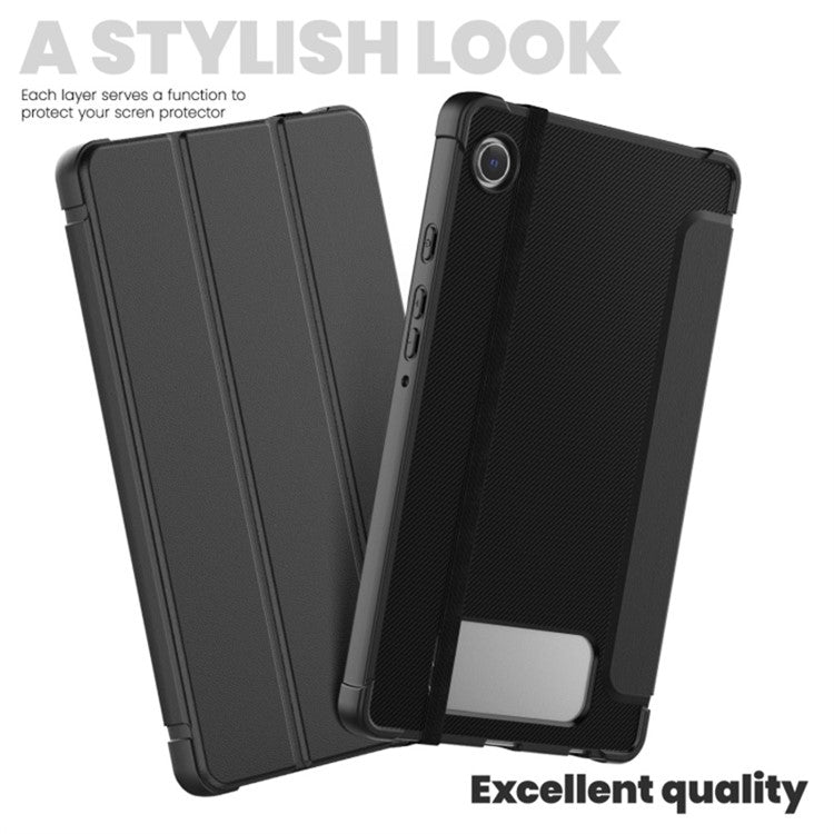 For Samsung Galaxy Tab A9+ Case Tri-fold Stand Carbon Fiber Texture TPU+Leather Tablet Cover - Red