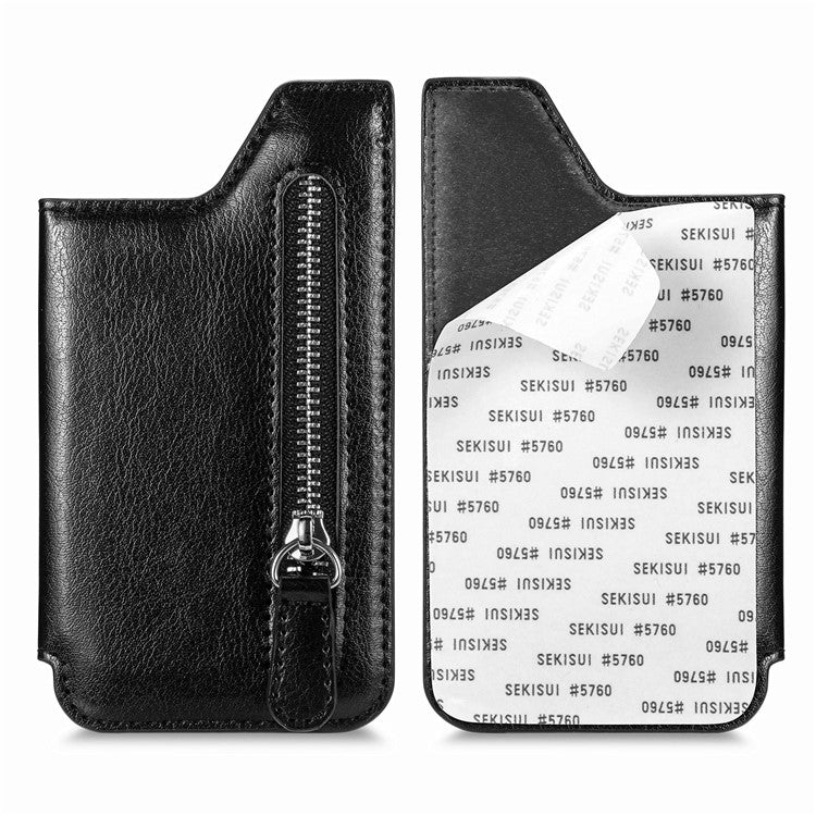 Phone Zipper Wallet Card Bag PU Leather Adhesive Kickstand Card Holder - Black