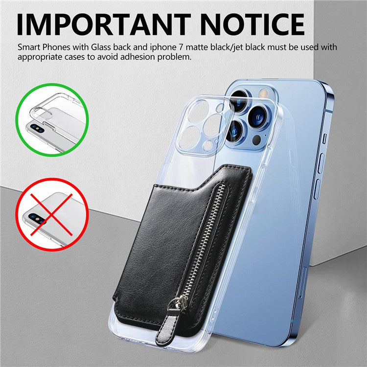 Phone Zipper Wallet Card Bag PU Leather Adhesive Kickstand Card Holder - Black