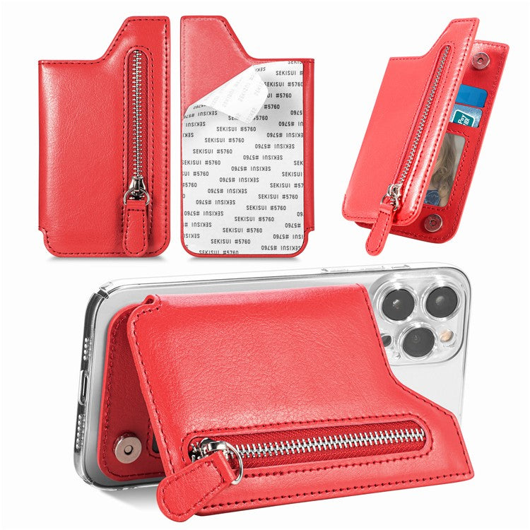 Phone Zipper Wallet Card Bag PU Leather Adhesive Kickstand Card Holder - Red