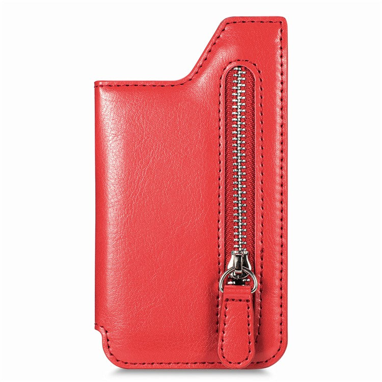 Phone Zipper Wallet Card Bag PU Leather Adhesive Kickstand Card Holder - Red